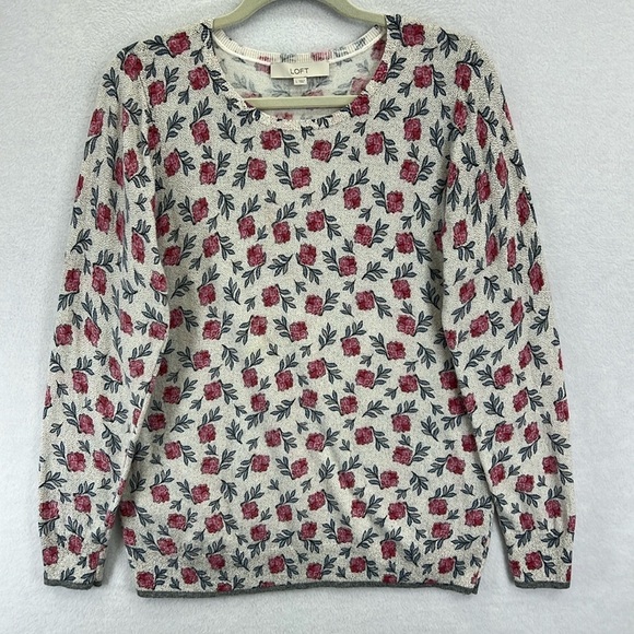 LOFT Women’s Sweater Sz L Crewneck Long Sleeve Cream/Gray/Pink Floral Lightwt - Picture 1 of 12